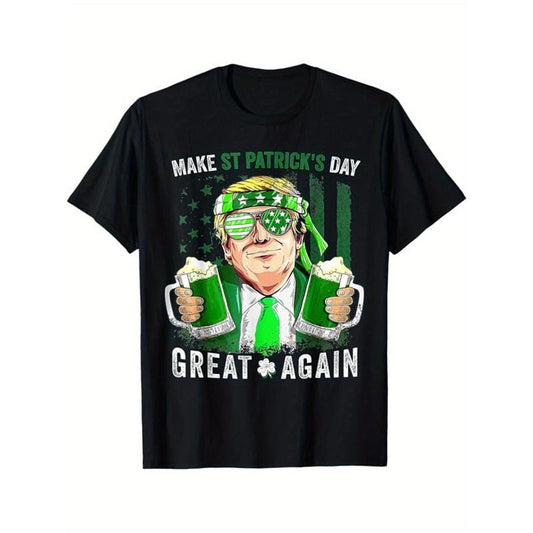 St. Patrick's Day Gamer Tee - Men's Black Cotton T-Shirt with Four Leaf Clover Print, Regular Fit for Casual Wear & Sports made in usa