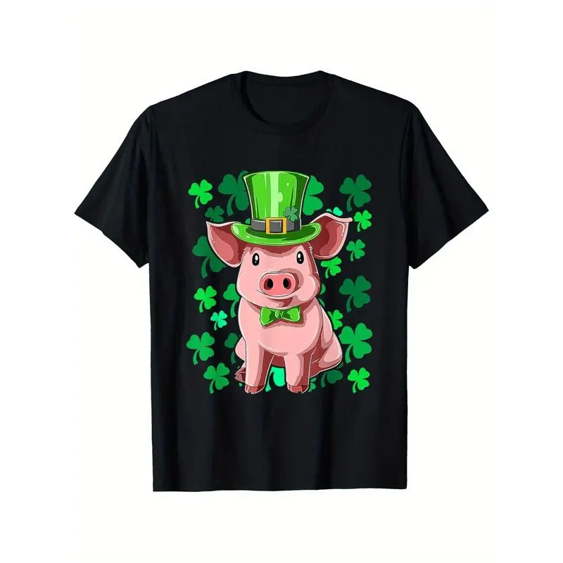 St Patrick'S Day Pig Leprechaun Lucky Irish Pig Farmers T-Shirt, Unisex Cotton Casual Round Neck Outdoor Short Sleeve T-Shirt with Slight Stretch, Slightly Elastic, 100%Cotton, S-XXXL made in usa
