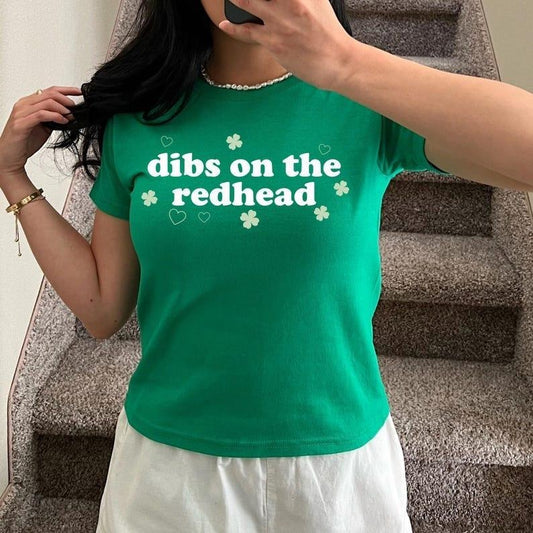 St Patrick's Day Baby Tee for Women, Dibs on the redhead baby Tee Funny St Patty Day Shirt for her Green St Paddy Shirt Luck of Irish Day