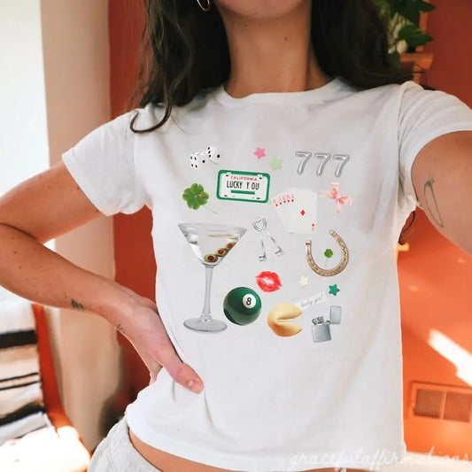 St Patricks Day Baby Tee, Y2k Graphic Baby Tee, Girlhood Collage, Coquette shirt, Lucky Shirt, 90s Baby Tee, Lucky Girl Syndrome, Irish