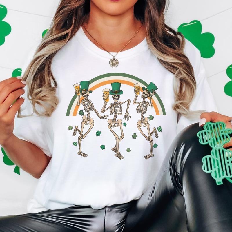 St. Patrick's Day Dancing Skeleton T-Shirts Dancing Skeleton St. Patrick's Day Tees Irish Skull Tshirts Clovers and Shamrock Skeleton Tshirts St. Patty's Day Fun Tees Womens St. Patty's Day T-Shirts Dancing Rocker Skull Irish Tees Cotton Casual