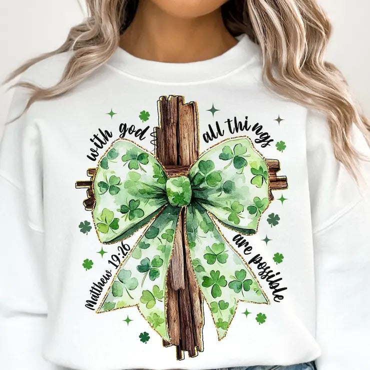 St. Patrick's Day Shirt, God Christian Sweatshirt, Christian Cross Shirt, St. Patrick's Coquette Bow Tee, Lucky Shirts, Happy St. Patrick's Day