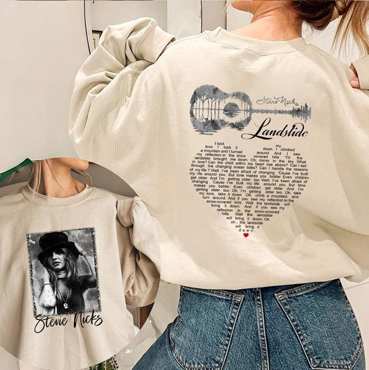 Stevie Landslide Double-sided Guitar Graphic Tee, Classic Rock Fan Apparel Shirt, Perfect Gift for Music Lovers and Boho Style Fans Crewneck Cotton