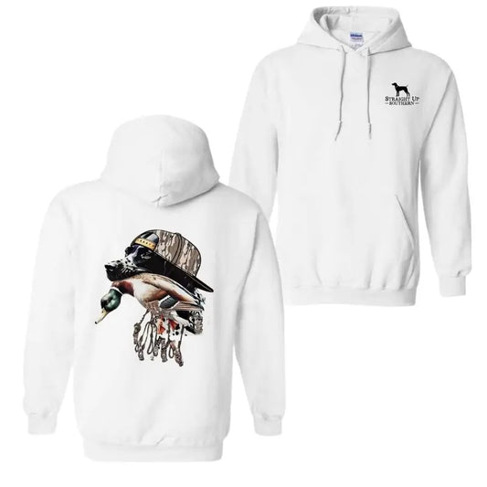 Straight Up Southern Hoodie - Duck Hunting Dog with Camo Hat Design, Unisex Menswear Stylish Menswear Stylish Menswear Stylish