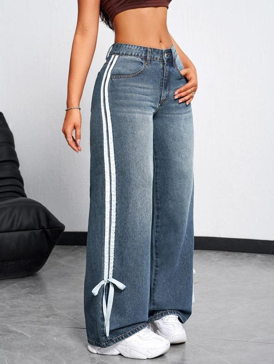 Straight Wide Leg Denim Pants Striped Bow Rise Jeans with Pocket Y2K Streetwear Bottom Loose Baggy Jeans