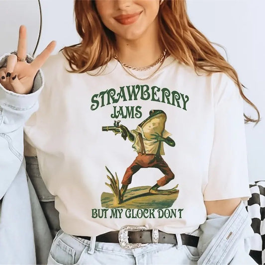 Strawberry Jams But My Glock Don't Shirt , Funny Frog Shirt, Funny Meme Shirt LS838