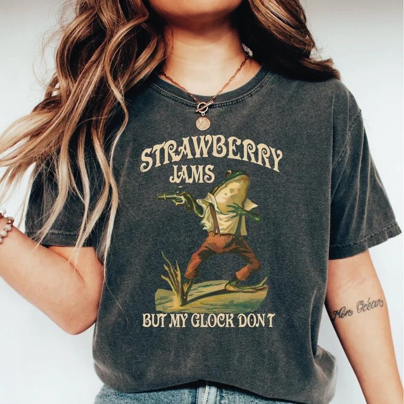 Strawberry Jams But My Glock Don't Shirt, Funny Frog Shirt, Funny Meme Sweashirt, unisex, casual crewneck, gift for him for her, trendy, viral tee