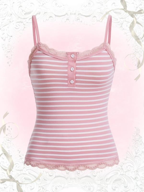Striped Lace Trim Cami Crop Top Button Front Spaghetti Strap Y2k Tops latinatops