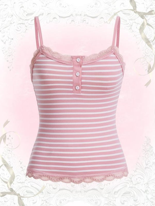 Striped Lace Trim Cami Crop Top Button Front Spaghetti Strap Y2k Tops latinatops