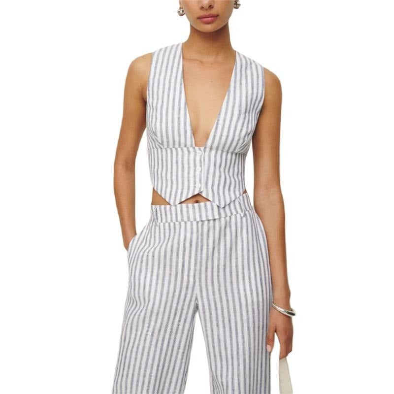 Women Vest, Sleeveless Solid/Stripes Button-up Vest Summer Gilet for Party Street Womenswear Check