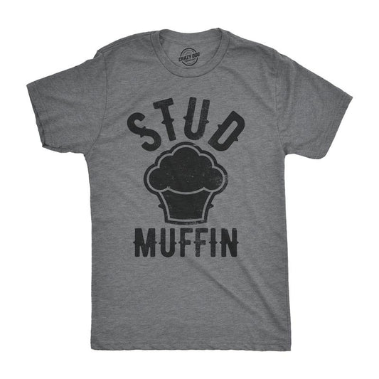 Stud Muffin Funny T-Shirt Funny Good Looking Tee For Handsome Hunks Mens Funny T Shirts Cool Tees Soft Stylish Casual Menswear Funny Food Short Sleeve Novelty Tees for Guys Dark Grey