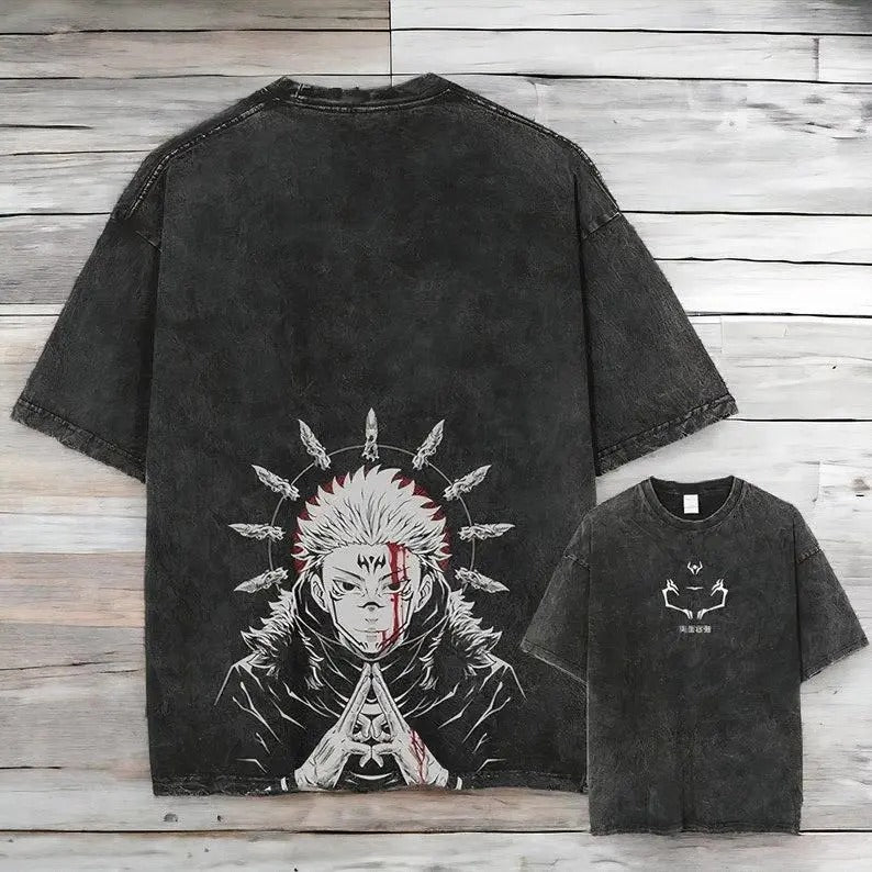 Sukuna JJK Anime Pump Cover T-shirt, Adult Manga Anime Character Graphic Washed Gym T-shirt, Anime T-shirt, Anime Gift, Gifts for Him Cotton Menswear
