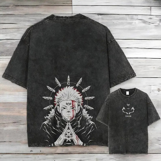 Sukuna JJK Anime Pump Cover T-shirt, Adult Manga Anime Character Graphic Washed Gym T-shirt, Anime T-shirt, Anime Gift, Gifts for Him Cotton Menswear