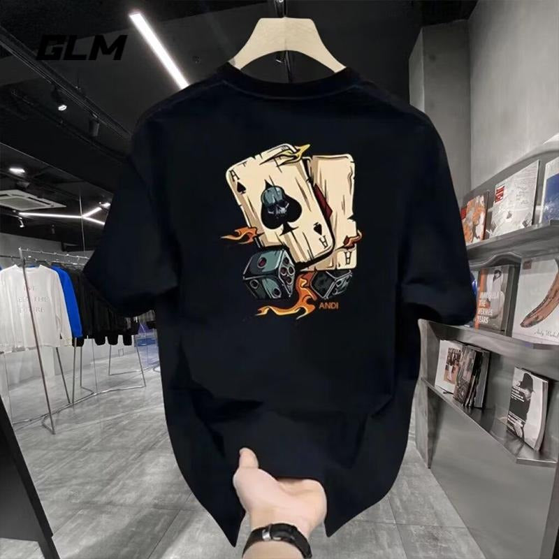 Summer Cotton Casual Men's Short Sleeve Loose Fit Printed Stylish High Street Crew Neck Ins Top