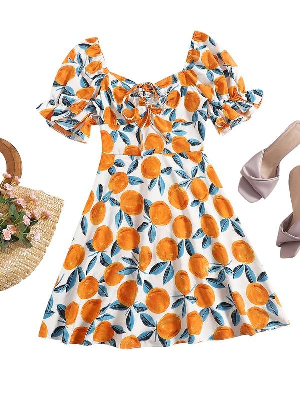 Summer Drawstring Sweetheart Neck Puff Sleeve A Line Short Dress