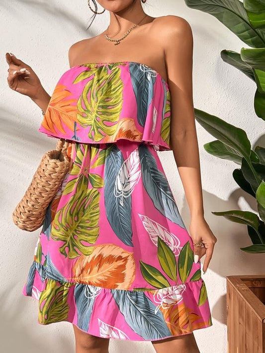 Summer Dresses for Women Tropical Print Strapless Sleeveless Ruffle Hem Tube DressY2K