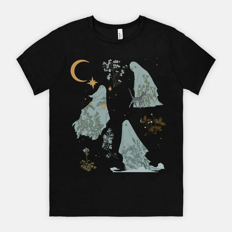 Summer Ghosts Tshirt Unisex top Black Casual Goth spooky halloween botanical whimsical shirt