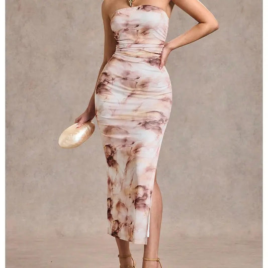 Summer Tie Dye Strapeless Tube Dress Ruched Bodycon long Dress