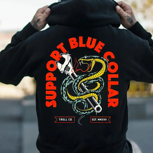 Support Blue Colar Troll Co T-shirt Sweatshirt Hoodie, Back Side Printed Mechanic Unisex Shirt, Dirty Hands Make Clean Money Trendy Workwear