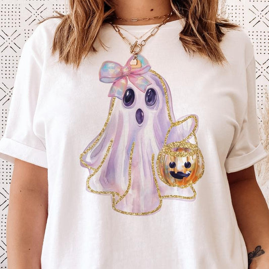 Sweet Ghost Tee Girly Halloween Ghost Tshirt Girly Pastel and Gold Ghost T-Shirt Coquette Ghost Tee Womens Halloween Girly Tshirt