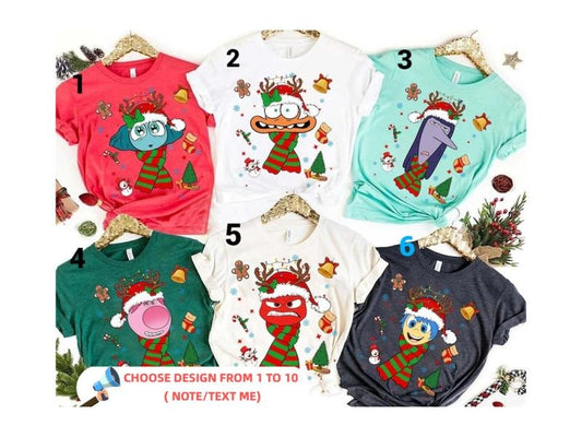 (CHOOSE DESIGN FROM 1 TO 10 ( NOTE/TEXT ME))_Inside Out 2 Characters Christmas Shirt, Reindeer Joy Anxiety Anger Sadness Ennui Tee, Family Christmas Matching Shirt, Cartoon Inside Out 2 Shirt