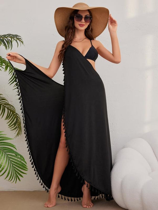 Tassel Trim Wrap Beach Cover Up Long Dress Sleeveless Bikini Coverups KmonoY2K