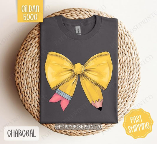 Teacher Pencil Bow Shirt Gildan, Gift for Teacher Appreciation, Back To School Teach Shirt Oversized Crewneck Tee