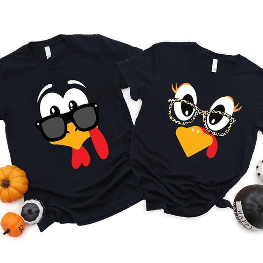 Thanksgiving Turkey Couple Shirts - Funny Matching His and Hers T-Shirts, Cute Fall Outfit, Holiday Dinner Gift Tee Set