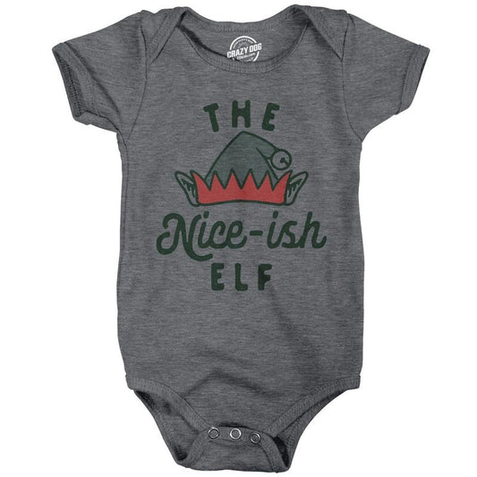 The Nice Ish Elf Baby Bodysuit Funny Good Behavior Xmas Elves Joke Jumper for Infants Funny Baby Onesies Christmas Onesie for Baby Funny Sarcastic Onesie Novelty Onesie Dark Grey