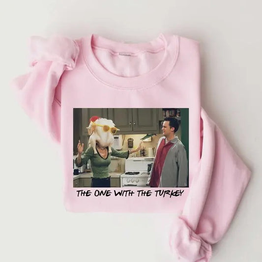 The One With The Turkey Shirt - 'The One Where It's Thanksgiving' Tee, Fun Friends-Themed Thanksgiving Shirt, Perfect for Fans, Funny Turkey Sweater, Ideal for Holiday Celebrations Classic Collar