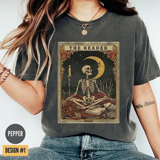 The Reader Tarot Card Shirt, Skeleton Reading Shirt, Unisex Tarot Card Shirt, Book Lover Gift, Bookish Gift, Tarot Lover Gift