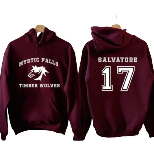 The Vampire Diaries Inspired Hoodie, Mystic Falls Salvatore 17 Front and Back, Unisex Graphic Streetwear, Soft Fabric Casual Pullover Long Sleeve