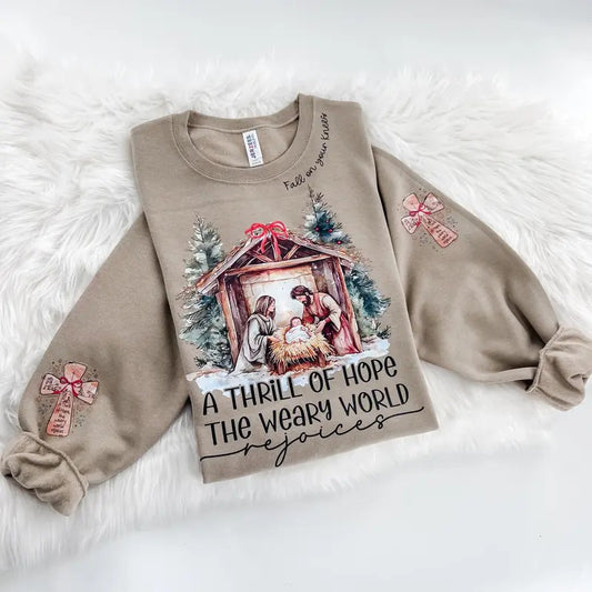 The Weary World Rejoices Nativity Christmas Sweatshirt or Hoodie with sleeve print Comfy Sublimation Tops Menswear Unisex Oversized Pullover