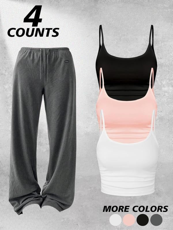 Three-Piece Set Women's All Over Print Crop Tank Top & Wide Leg Pants & Open Front Long Sleeve Outerwear Set, Casual Comfy Three-piece for Daily Wear, Ladies Clothes for All Seasons, Suits