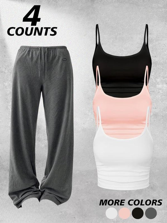 Three-Piece Set Women's All Over Print Crop Tank Top & Wide Leg Pants & Open Front Long Sleeve Outerwear Set, Casual Comfy Three-piece for Daily Wear, Ladies Clothes for All Seasons, Suits