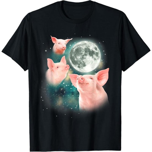 Three Pig Moon | 3 Miniature Pigs Howling Swine Weird Piggy T-Shirt made in usa