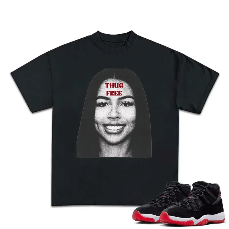 Thug Free Match 11s Bred Velvet Sneakers Outfits, Embrace Streetwear with Graphic Tee Cotton T-shirt, Y2K, Hip Hop, Rap Style