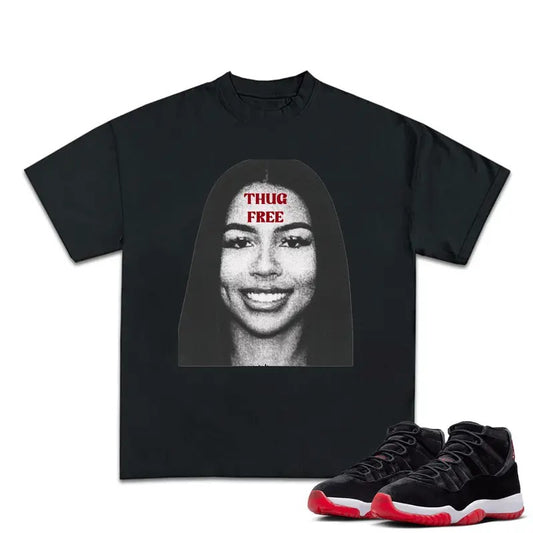 Thug Free Match 11s Bred Velvet Sneakers Outfits, Embrace Streetwear with Graphic Tee Cotton T-shirt, Y2K, Hip Hop, Rap Style