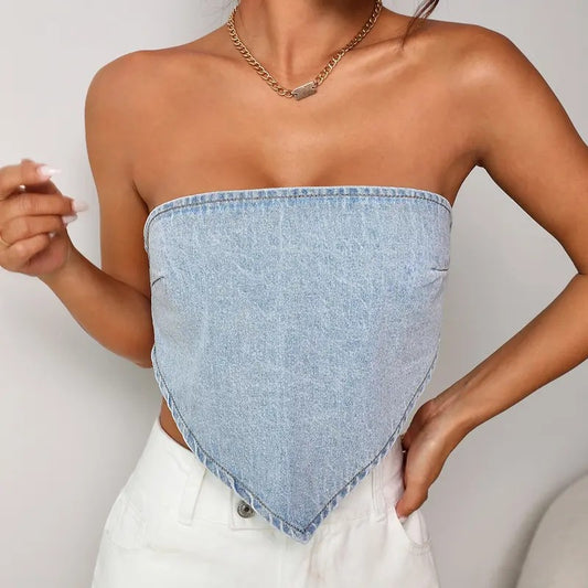 Tie Backless Sleeveless Strapless Crop Tops Denim Tube TopsY2K