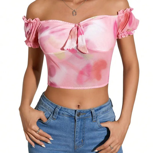 Tie Dye Off Shoulder Short Sleeve Sweetheart Neck Tie Front Crop Top Ruffle Trim Slim Fit Tops