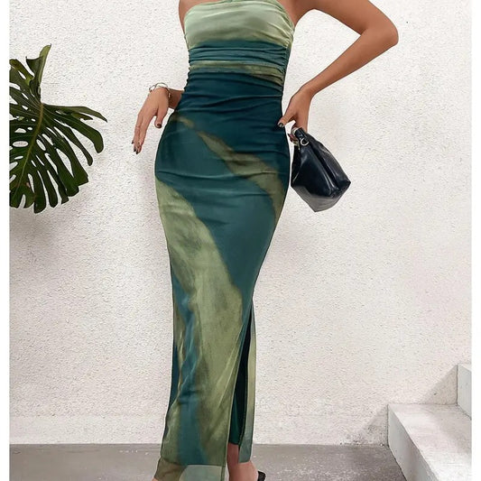 Tie Dye Tube Dress Slit Hem Sleeveless Bodycon Long Dresses