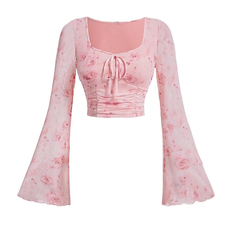 Tie Dye Y2K Ruched Crop Top Flare Long Sleeve Sweetheart Neck Tee T Shirts Tie Dye XS