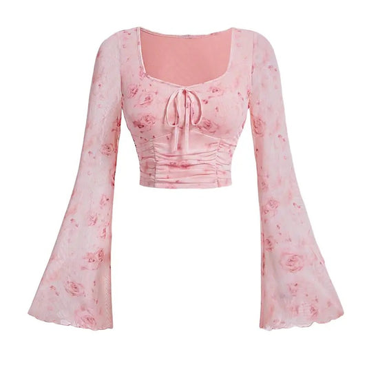 Tie Dye Y2K Ruched Crop Top Flare Long Sleeve Sweetheart Neck Tee T Shirts Tie Dye XS