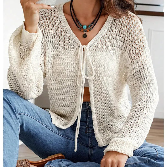 Tie Front Knit Cardigans Hollow Out Long Sleeve V Neck Cardigan Sweater