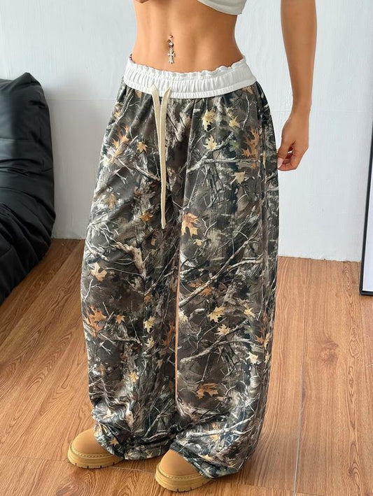 TikTokShopBacktoSchool Camo Pants Wide Leg Baggy Sweatpants Elastic Waist Drawstring Loose Pants Trendy Y2K Drawstring Trousers