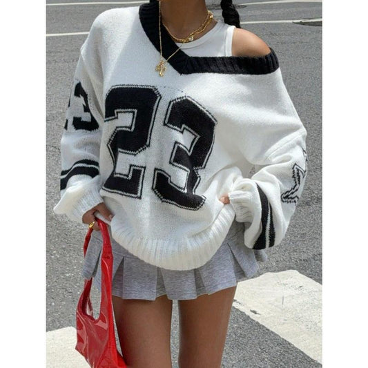TikTokShopBacktoSchool Y2K Sweaters Letter Print Oversized Sweaters Long Sleeve V Neck Pullover Sweater Jumper Top Knit Jersey Shirt