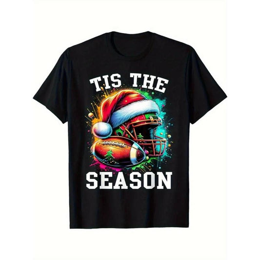"Tis The Season Football Men's Christmas T-Shirt with Santa Hat" made in usastyle{n002}3