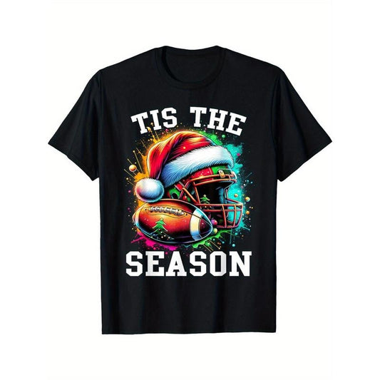 "Tis The Season Football Men's Christmas T-Shirt with Santa Hat" made in usastyle{n002}4