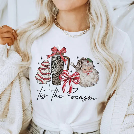 Tis The Season Leopard Santa Tee Christmas Coquette Bow Sweatshirt Santa Holiday Tshirt Xmas Coquette Bow Snack Cake Shirt Leopard Print Retro Santa top