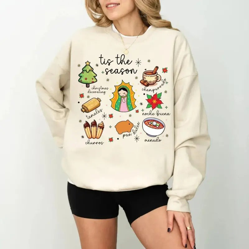 Tis The Season Mexican Christmas Tshirt Sweatshirt Hoodie, Virgen De Guadalupe Feliz Navidad Shirt, Unisex Sweater Pullover Tee